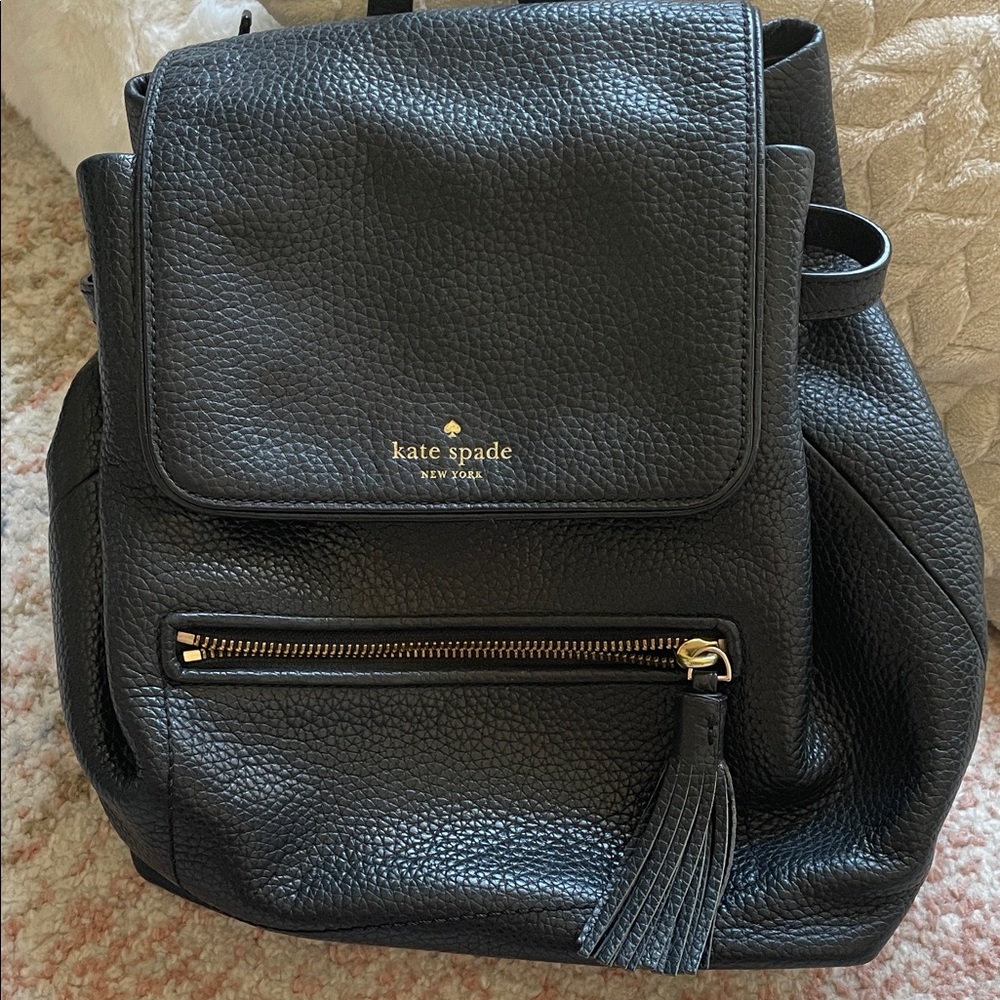 Kate Spade Black Pebbled Small Leather Drawstring Backpack with Tassel